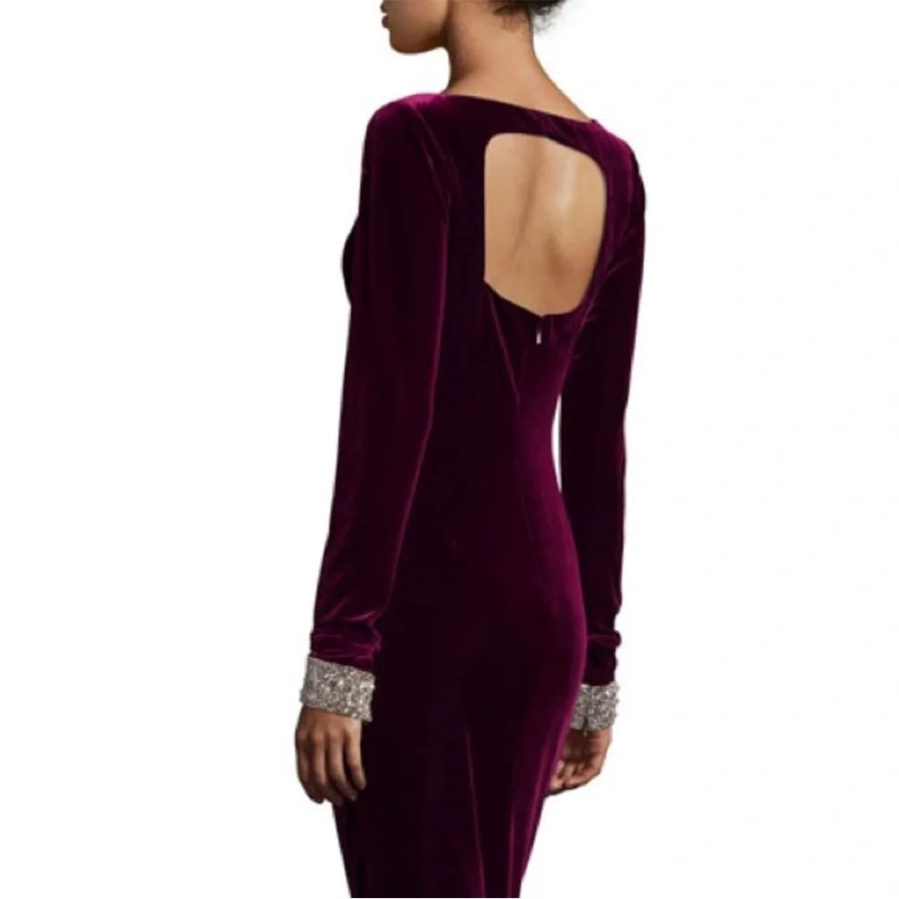 David Meister Velvet Burgundy Cocktail Dress with Crystal Cuffs - Picture 2 of 14